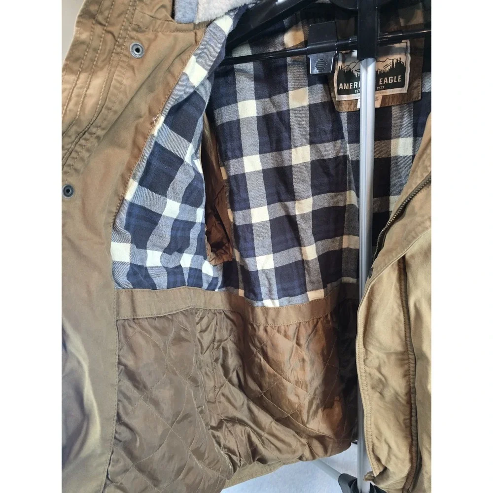 American Eagle Jacket Men XL Brown Canvas Flannel Lined With Fleece Lined Hood